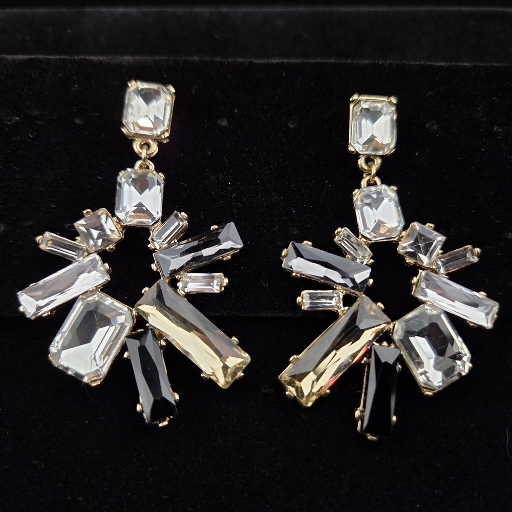 Starburst Clear Black Glass Rhinestones Gold Tone Drop Post Pierced Earrings